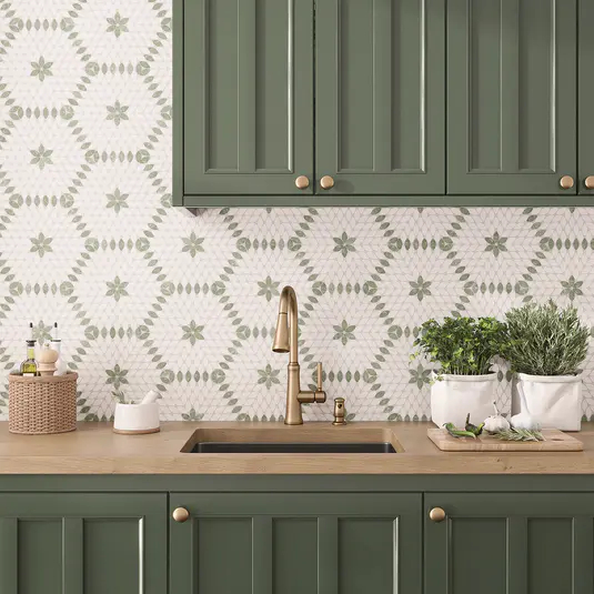 Santorini Green & White Petals Marble Mosaic Tile