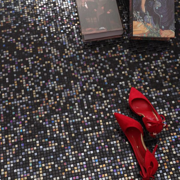 Mini Black Square Iridescent Glass Mosaic Tiles