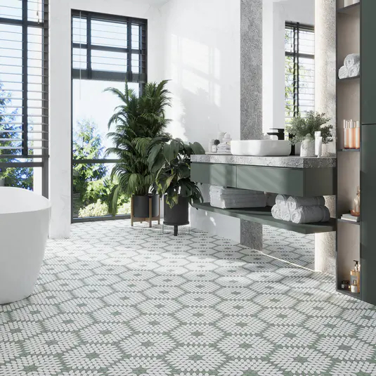 Santorini Green & White Petals Marble Mosaic Tile