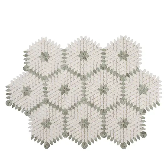Santorini Green & White Petals Marble Mosaic Tile