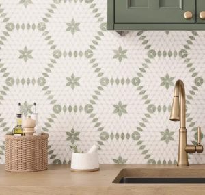 Santorini Green & White Petals Marble Mosaic Tile