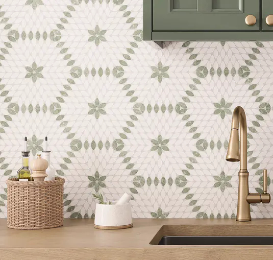 Santorini Green & White Petals Marble Mosaic Tile