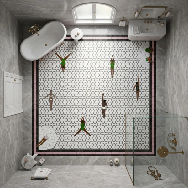 the-swimmers-mosaic-03 Bathroom scene - The Swimmers Mosaic bathroom wide shot