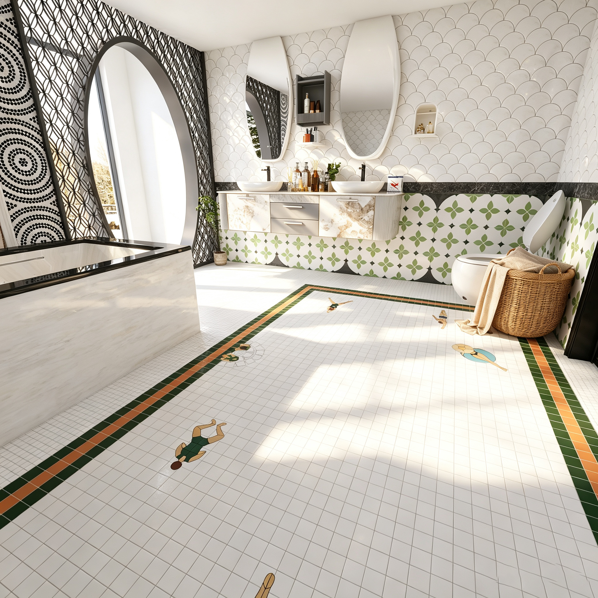 Pool party mosaic bathroom floor tile with green and orange border