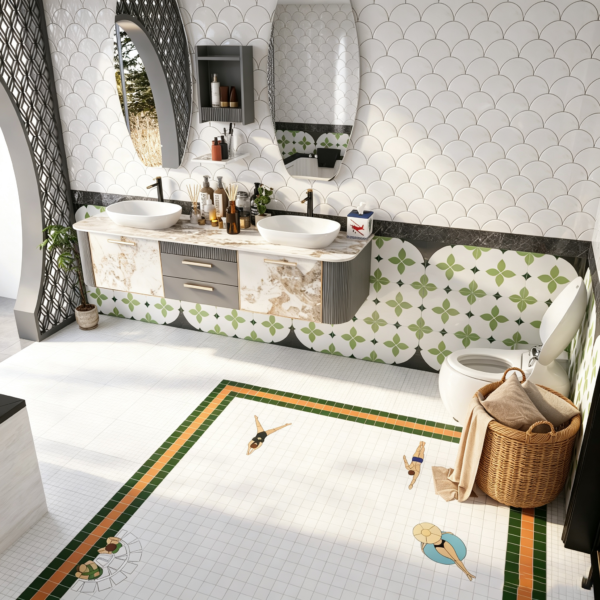 Pool Party Custom Mosaic Bathroom Floor Tile — Swimmers Collection