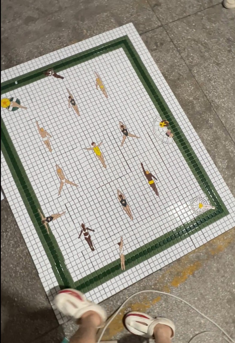 Handcrafted Pool Party Mosaic tile panel in production with green border