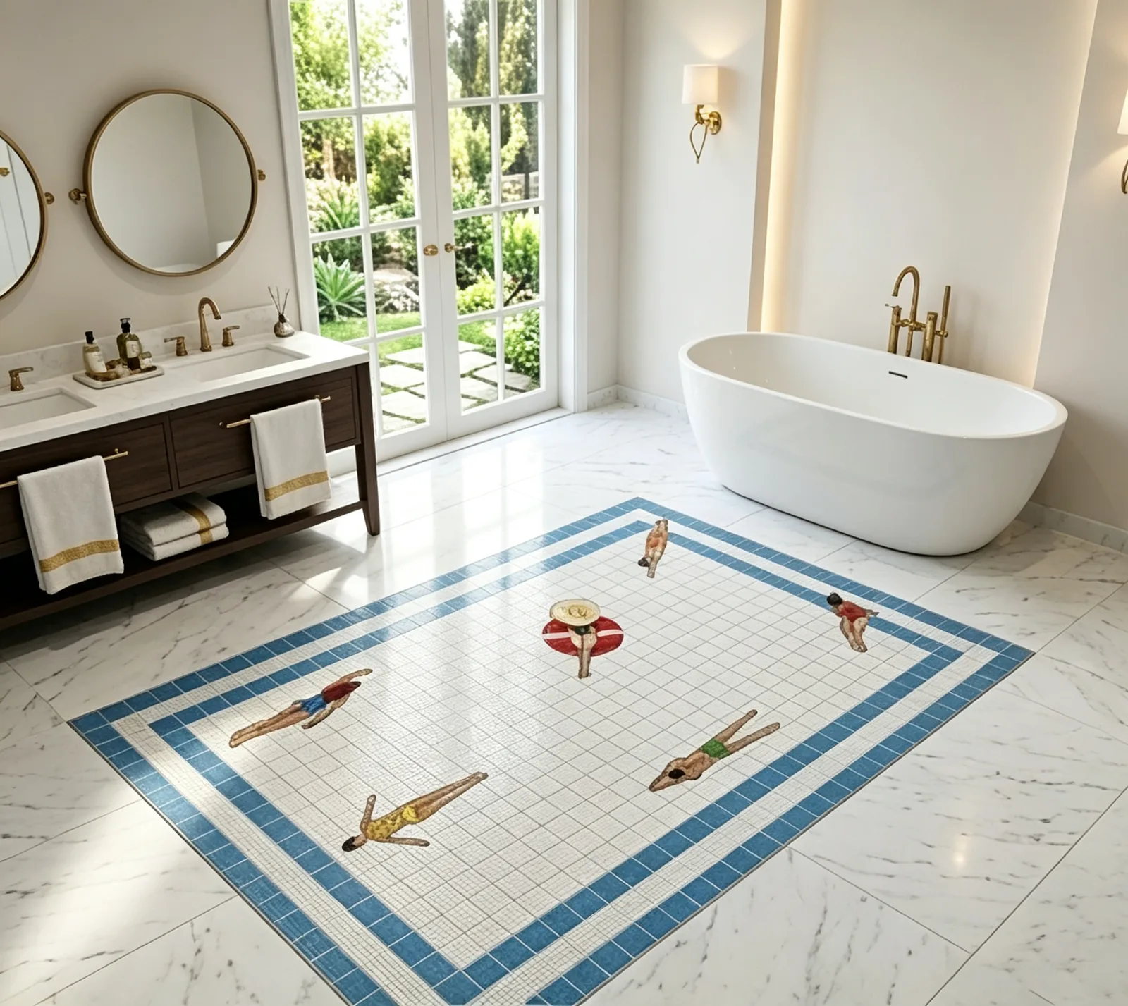 Custom pool-themed mosaic bathroom floor tile with swimmer motifs in a luxury white bathroom
