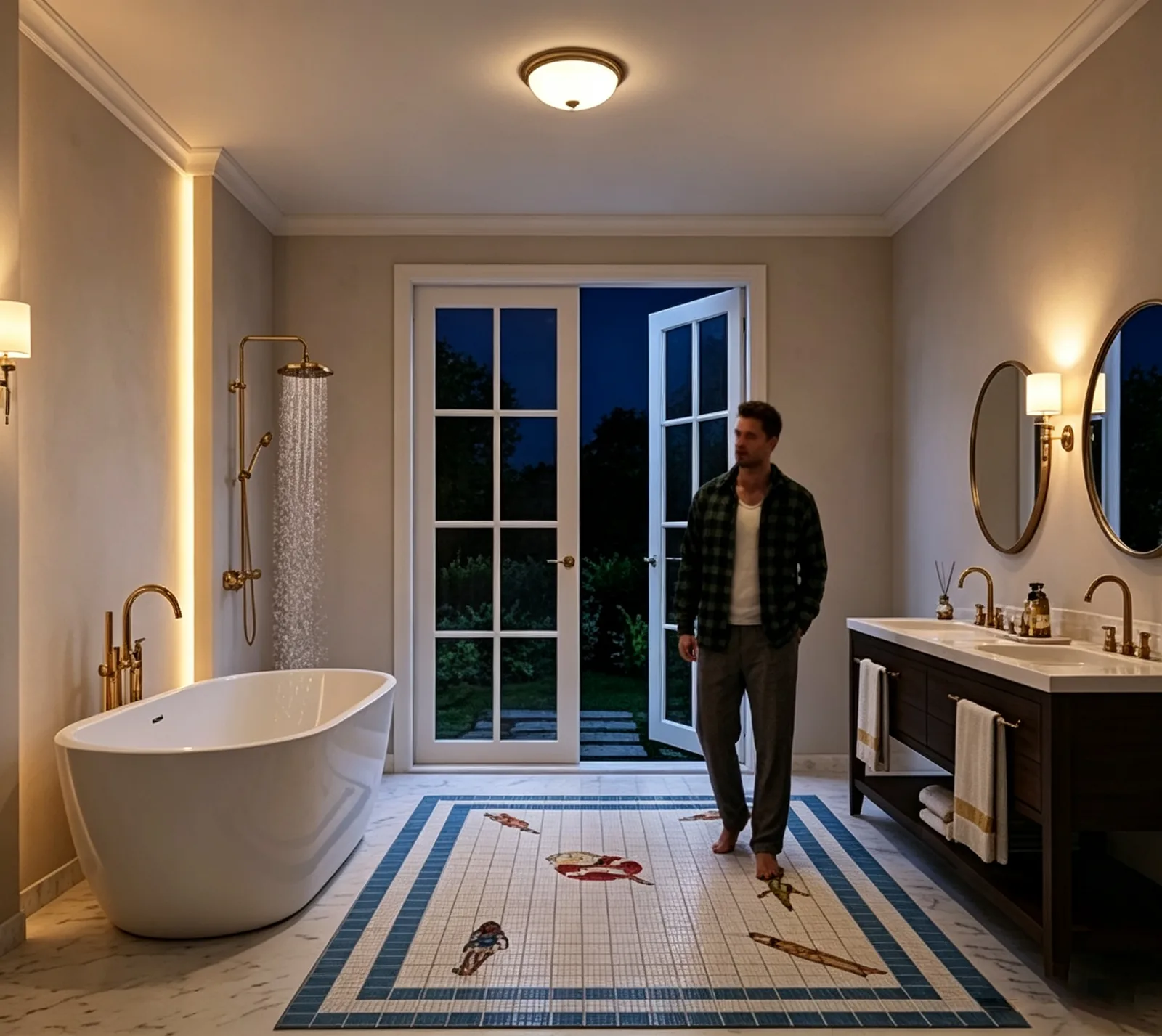 Pool-themed mosaic bathroom floor tile at night with warm ambient lighting