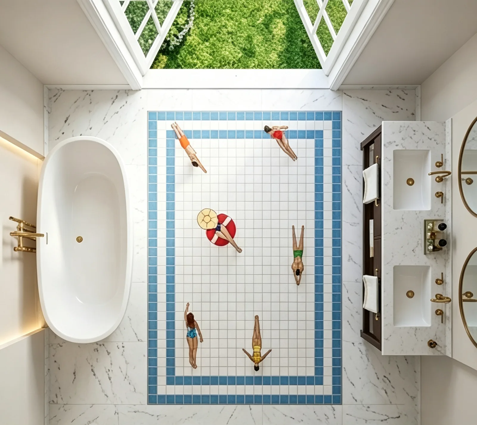 Top view of a pool-themed mosaic bathroom floor showing six swimmers and a life ring