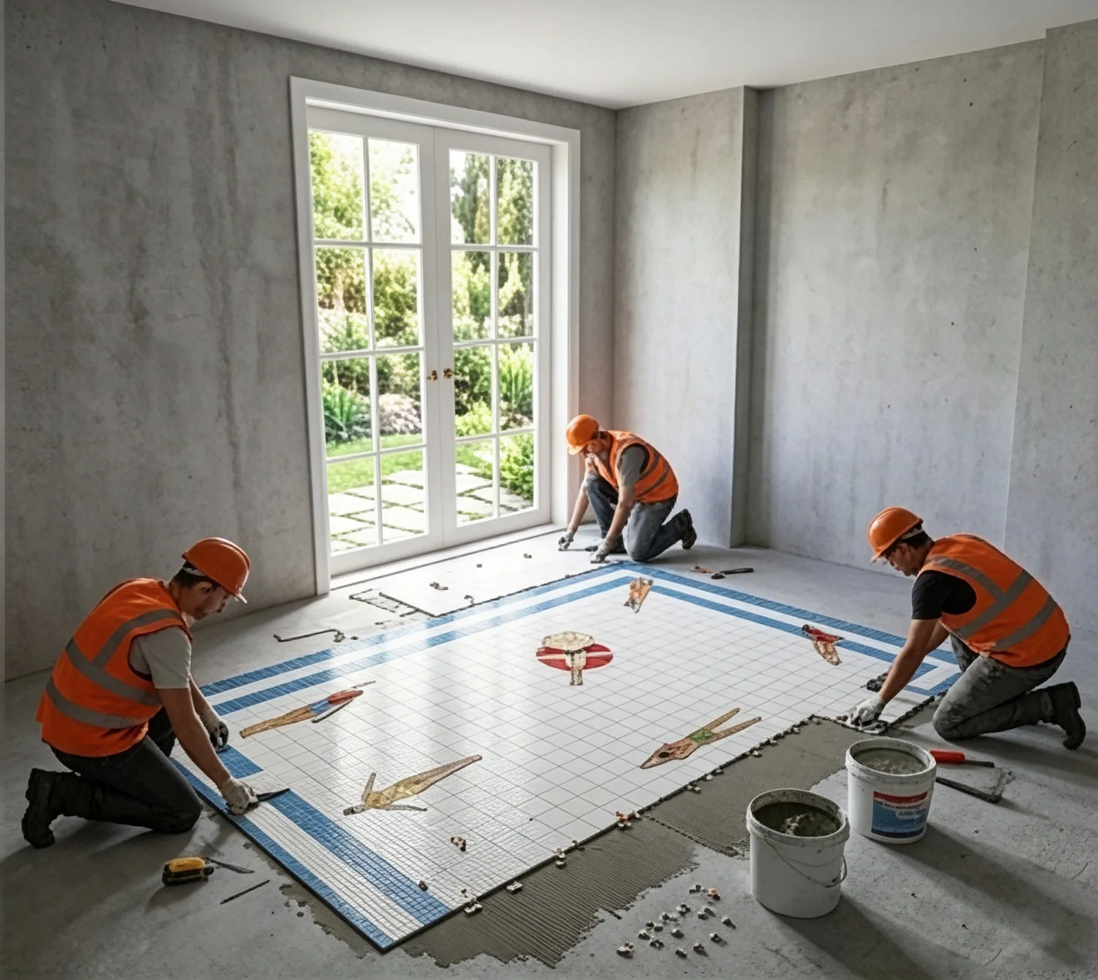 Workers installing a bespoke pool-themed mosaic floor tile in a bathroom