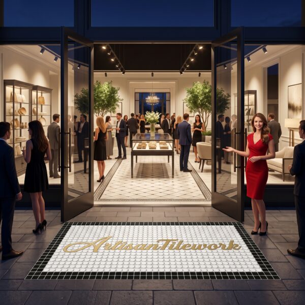 Custom Logo Mosaic Entrance Mat | Handmade Penny Round Tile Logo, Priced per m²