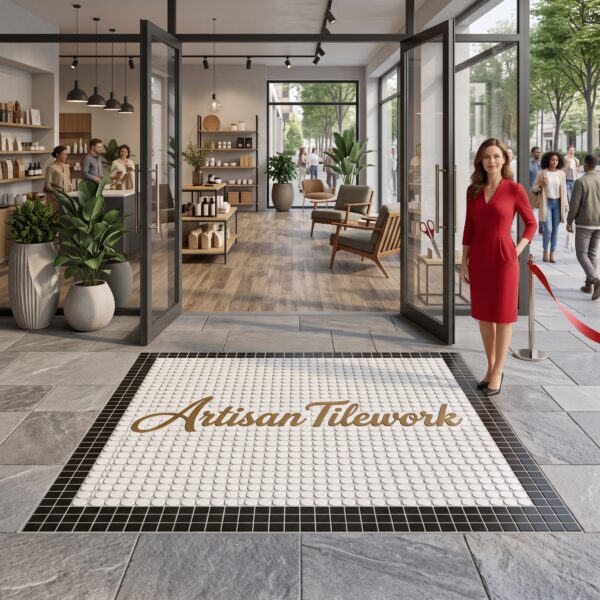 Custom Logo Mosaic Entrance Mat | Handmade Penny Round Tile Logo, Priced per m²