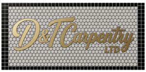 Custom logo mosaic entrance mat - penny round porcelain with brass lettering