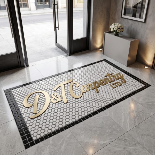 Branded logo mosaic entrance mat installed at a business entrance