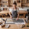 Artisan hand-laying a custom logo mosaic entrance mat