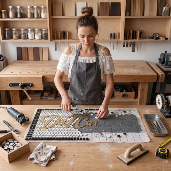 Artisan hand-laying a custom logo mosaic entrance mat