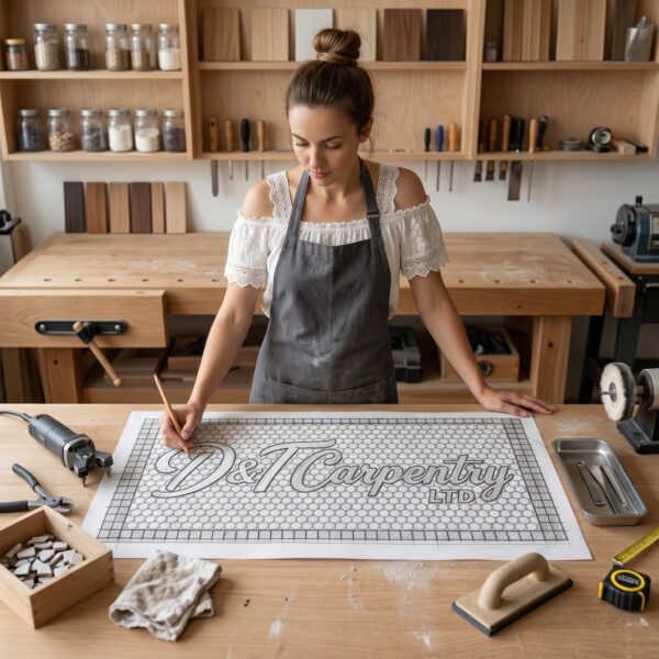 Pencil sketch layout for a custom logo mosaic entrance mat